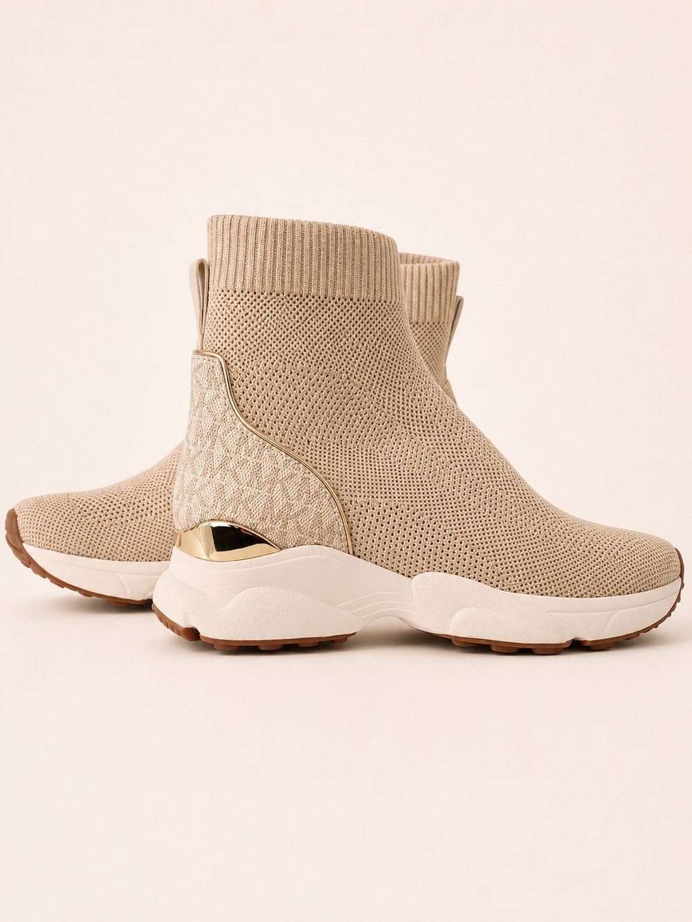 Michael Kors Beige Knit Sock Sneakers with Gold Accent